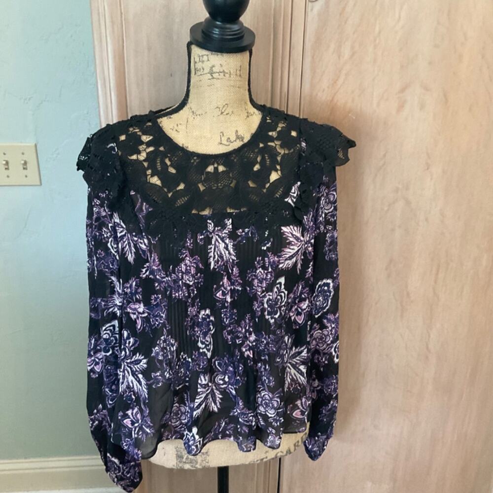 Veronica Beard black lace trim purple floral 100% silk blouse top size 12